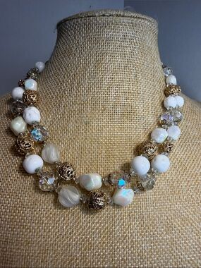 Vintage Vendome White, Gold Filigree, and AB Beaded Necklace